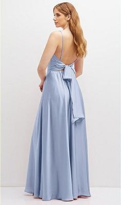 Adjustable Sash Tie Back Satin Maxi Bridesmaid Dress With Full Skirt In Sky Blue | The Dessy Group Prom Planning, Full Circle Skirt, Maxi Bridesmaid Dresses, Full Skirts, Low Neckline, Full Circle Skirts, Satin Maxi, Satin Maxi Dress, Full Circle