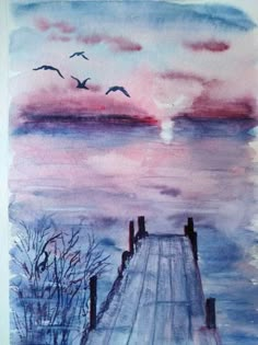 a watercolor painting of a dock with birds flying over it