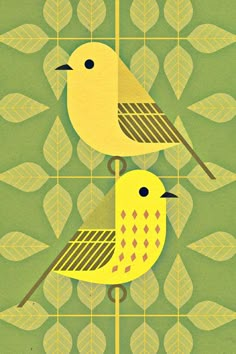 two birds sitting on top of each other in front of green and yellow tiles with leaves