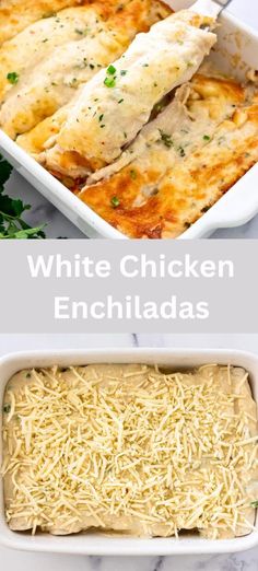 white chicken enchiladas in a casserole dish with parmesan cheese