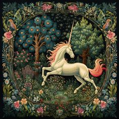 a painting of a unicorn in the middle of a forest with trees and flowers around it