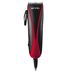 an electric hair dryer with red and black trimming it's blades