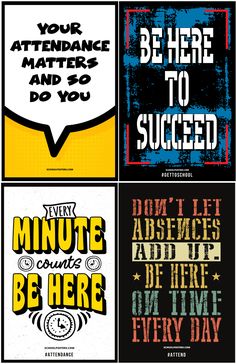 four posters with different sayings in the same color and font on each one side