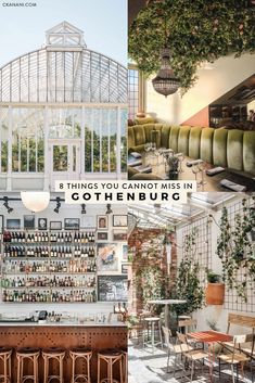 the inside of a restaurant with plants growing on the walls and tables in front of it