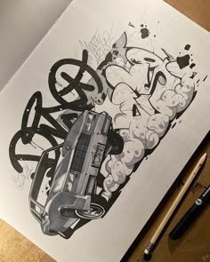 a drawing of a car with graffiti on it