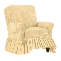 a chair with a ruffled skirt on the back of it's arm and legs