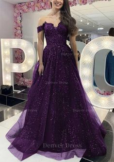 A Line Off The Shoulder Regular Straps Long Floor Length Tulle Prom Dress Outfits For Women With Appliqued Glitter Purple Off-shoulder Prom Dress, Purple Off-shoulder Prom Evening Dress, Purple Off-shoulder Gown For Party, Purple Off-shoulder Evening Dress For Gala, Purple Off-shoulder Evening Dress For Party, Purple Off-shoulder Evening Dress, Purple Off-shoulder Gown For Formal Occasions, Purple Off-shoulder Formal Gown, Off-shoulder Purple Gown For Formal Occasions