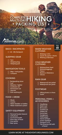 the hiking packing list is shown on an orange and black background, with two men walking up