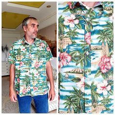 mens Shirt Summer shirt floral shirt boho shirt  hawaiian shirts beach shirt Hawaiian Print Hippie shirt aloha shirt palm green shirt 2XL  Please refer to photos for details of condition.  Condition:  good vintage Measurements : Length: 72 cm/28.3" Sleeve : 24 cm/9.5" Shoulder to shoulder: 52 cm/20.5" Bust: 135 cm/53.2" Waist: 127 cm/50"  Size: 2XL 45/46 note The color on the pictures may vary due to monitor settings and light reflections. Ready to ship Please do not hesitate to contact with me Casual Green Floral Print Hawaiian Shirt, Green Floral Print Hawaiian Shirt For Summer, Green Floral Print Short Sleeve Hawaiian Shirt, Green Hawaiian Shirt With Floral Print And Relaxed Fit, Green Hawaiian Shirt For Spring, Beach Season Green Shirt With Floral Print, Beach Season Green Floral Print Shirt, Green Floral Print Shirt For Beach Season, Summer Floral Print Green Shirt