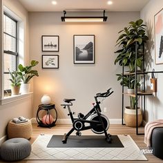 there is a bike in the room with pictures on the wall behind it and a potted plant