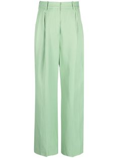 light green pleat detailing high waist concealed front fastening belt loops two diagonal pockets to the sides wide leg Light Green Pants, Lime Green Pants, Maximalist Fashion, Loulou Studio, Studio Green, Pleated Trousers, Green Pants, Pleated Pants, Tailored Pants