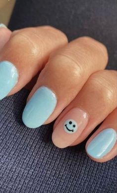 ~disclaimer~none of the pins on this board are mine :) they are just for inspo~preppy teal smiley face nail inspo~ Teen Nails, Cute Simple Nails, Simple Acrylic Nails, Cute Gel Nails, Nails For Kids, Blue Nail, Dream Nails