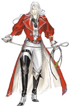 a drawing of a man dressed in red and white with two swords on his hands