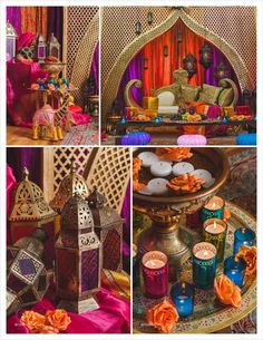 several different pictures of colorful decorations and candles