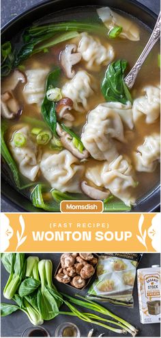 wonton soup with broccoli, mushrooms and spinach in a black bowl