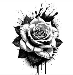 a black and white rose with paint splatters on it