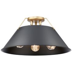 a black and gold ceiling light with three lights on it's side, in the shape of a cone