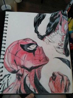 a drawing of a spider man and a woman's face in red, black and white