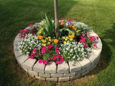 a flower bed in the middle of a lawn with flowers around it and a tree