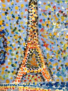 a painting of the eiffel tower in paris, france with multicolored dots