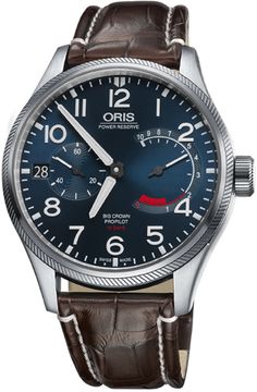 111 7711 4165 LS / 01 111 7711 4165-Set 1 22 72FC ORIS BIG CROWN PROPILOT CALIBRE 111 MEN'S AVIATION WATCH Store Display Model (What's This?) - With Manufacturer Serial Numbers - Swiss Made - Blue Dial - Arabic Numeral Hour Markers - Date Feature - Small Seconds Sub-Dial at 9 O'Clock - Stop Seconds Feature - Power Reserve Indicator at 3 O'Clock - 10 Day Power Reserve - Manual Winding Movement - Oris Caliber 111 - Vibrations Per Hour: 21,600 - Jewels: 40 - 3 Year Warranty - Guaranteed Authentic - Certificate of Authenticity - Manufacturer Special Luxury Wooden Presentation Box & Manual - Brushed with Polished Stainless Steel Case - Dark Brown Leather Strap with Pattern - Scratch Resistant Sapphire Crystal - 100 Meters / 330 Feet Water-Resistant - 44mm = 1 3/4" Case, 7" Adjustable Strap - In Oris Big Crown, Nice Watches, Big Crown, Oris Watches, Watch Big, Jet Engine, Free Bracelet, Brown Leather Strap, Crocodile Leather