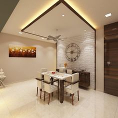 a modern dining room with white chairs and a large clock on the wall behind it