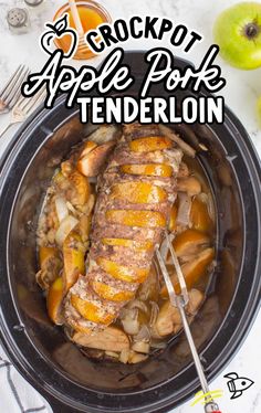 the crockpot apple pork tenderloin is ready to be eaten