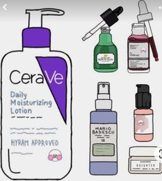 several different types of hand sanitizers are shown in this cartoon style illustration, with the caption cerave daily moisting lotion and hypam approved