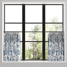 an open window with blue and white curtains