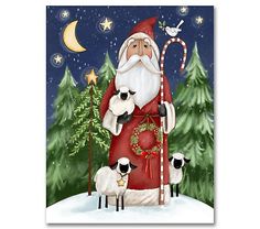 a painting of santa claus holding two sheep in front of a christmas tree with a candy cane