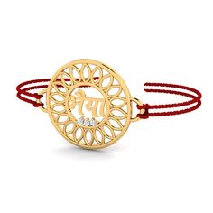 "A rakhi (bracelet made of thread, having a solid gold pendant in the center to which the thread is tied) that is made of 18K gold with diamonds. A Bhai , Motif styled real gold rakhi for your \"bhaiya\" to make this Raksha Bandhan super special for him. It's not just about the gold rakhi, but the whole package that he receives. The rakhi comes inside a posh gift box that completely elevates the gifting experience for both of you . Satin threads are provided on either side and it comes in a beau Spiritual Yellow Gold Bracelet, Round Bracelets Gift For Diwali, Diwali Gift Bracelets, Elegant Bracelets For Navratri Gift, Festive Yellow Gold Bracelets For Festivals, Bracelet Jewelry As Navratri Gift, Bracelet Jewelry Gift For Navratri, Adjustable Bracelets For Navratri Gift, Adjustable Yellow Gold Jewelry For Puja