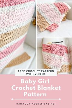 Pink, Tan, and Cream Baby girl crochet blanket pattern from Daisy Cottage Designs Crochet Afgan, Baby Haken, Daisy Cottage, Crocheted Blankets, Cottage Designs, Temperature Blanket, Crochet Baby Blanket Free Pattern, Hand Knit Blanket