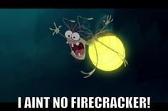 a cartoon character with an evil face holding a glowing ball in the air and captioning, i am not firecracker