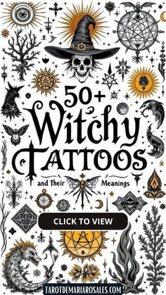 the book cover for 50 + witchy tattoos and their meaningss