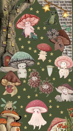 an image of many different mushrooms in the forest with stars and trees around them,