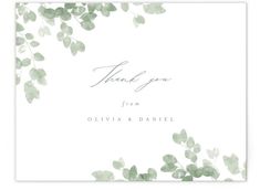 a thank card with green leaves on it