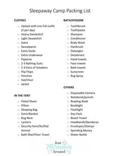 the sleepaway camp packing list is shown in this printable version, which includes items for