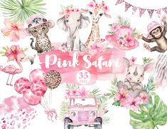 watercolor pink safari clipart collection