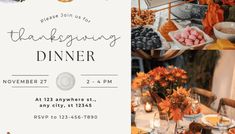 the thanksgiving dinner is set up with orange flowers and pumpkins in vases, plates and bowls