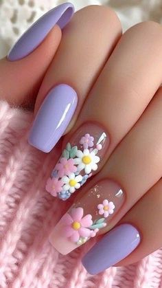 May Nails Ideas 2024 Flowers, Summer Nails 2024 Flowers, Pink And Purple Floral Nails, Spring Flower Nails 2024, Spring Floral Nails 2024, Nail Nail Designs, Set Nails, Elegant Touch Nails, Trends Nails