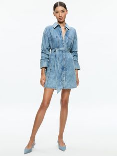 We love denim every possible way and this mini dress, with its cute tie waist belt and shirt-dress silhouette is the perfect way to do it. Looks great with everything from sneakers to sandals. Junior Girl Dresses, Scarf Sale, Denim Shirt Dress, Pleated Maxi Dress, Denim Mini Dress, Active Wear Shorts, Dress With Tie, Denim Details, Dresses Kids Girl