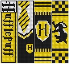 the cross stitch bookmarks are designed to look like yellow and black bookshelves