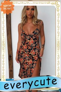 Floral Side Split Spaghetti Strap Deep V Neck Midi Dress V Neck Midi Dress, Dresses Floral, Floral Dresses, Side Split, Women Dresses, Deep V Neck, Deep V, Spaghetti Strap, Spaghetti