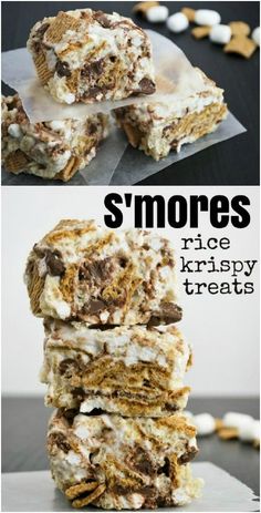 s'mores rice krispy treats stacked on top of each other