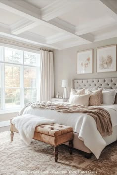 cozy neutral master bedroom with bedding throw pillows wall art tufted headboard tufted bench throw blankets table lamp nightstands Master Bedrooms Decor Classic, Primary Bedroom Design Ideas, Neutral Romantic Bedroom, Calm Master Bedrooms Cozy, Bedroom Ideas Carpet Floor, Beautiful Bedrooms Master Luxury, Bedroom Nook Ideas, Redecorate Room, Master Room Design