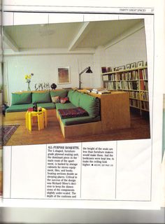 a living room with green couches and bookshelves in front of a book shelf