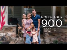 a family posing for a photo in front of their house with the words'909 sq