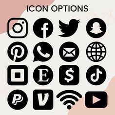 the icons for social media are shown in black and white, with different symbols on them