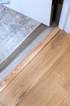 an open door on the side of a wooden floor next to a white door handle