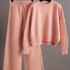 https://temu.to/k/ewewsp968je via @shoptemu Split Sweater, Knit Two Piece Set, Wide Leg Pants Outfits, Wide Leg Pant Suit, Casual Knitwear, Leg Pants Outfit, Work Pants Women, Loose Fit Sweater, Oversize Pullover